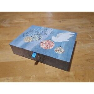 Elegant Storage Box Blue With Christmas Ornaments & Dove 7.75"x6"x2"
